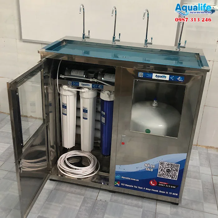 Cấu tạo của máy lọc nước bán công nghiệp 4 vòi tủ inox 80 lít/giờ