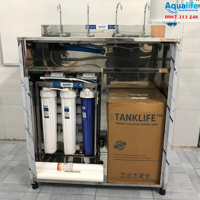 Máy lọc nước công suất lớn 65 l/h tủ inox 4 vòi ứng dụng công nghiệp