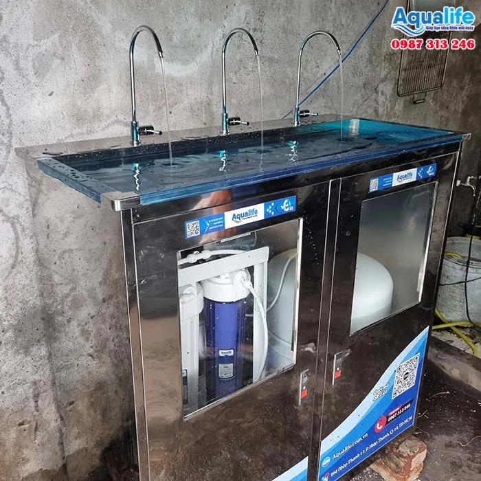 Máy lọc nước 100l/h tủ inox 3 vòi cho công ty