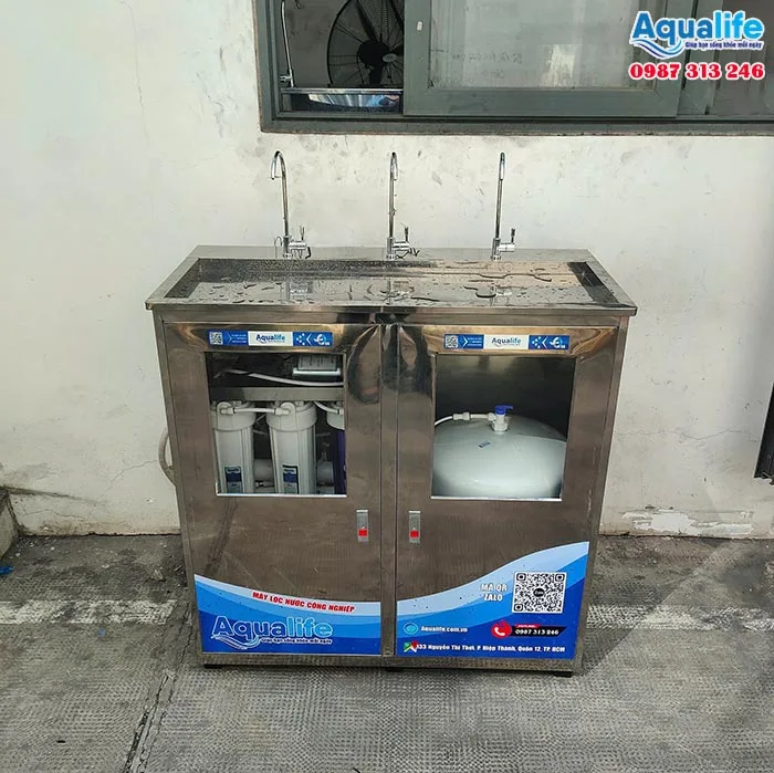 Máy lọc nước uống 3 vòi 50 lít/giờ tủ inox công suất cao cho trường học