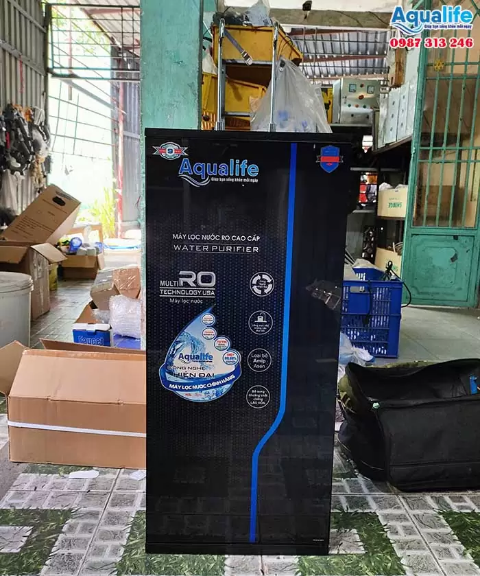 Máy lọc nước uống nóng nguội 2 vòi Aqualife 9 cấp tủ kính cường lực