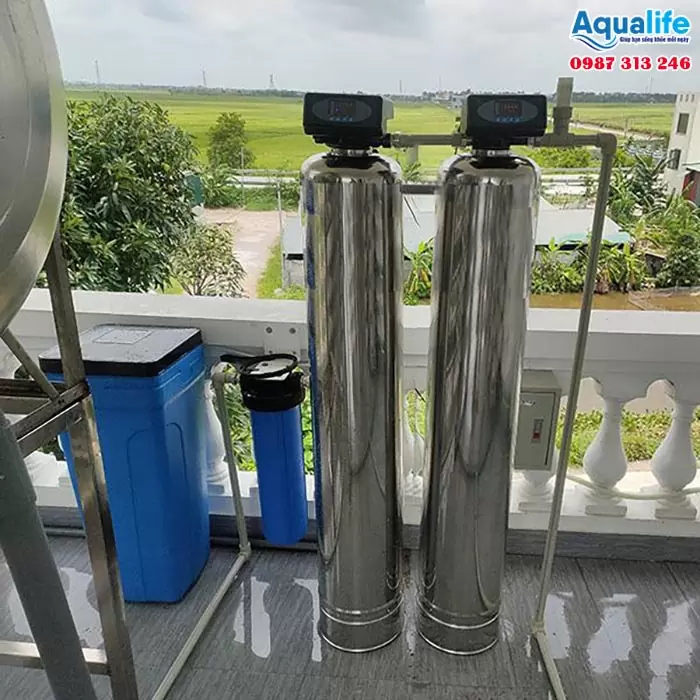 Hệ thống lọc nước nhiễm vôi 2 cột inox 1054 tự động 11 Bộ lọc nước cứng inox 1054 vận hành tự động tiết kiệm chi phí