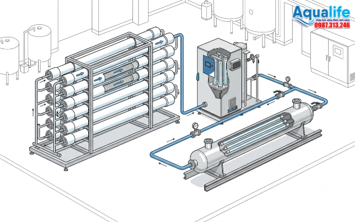 Sơ đồ dây chuyền lọc nước đóng bình kết hợp màng RO, đèn UV và máy Ozone | Aqualife