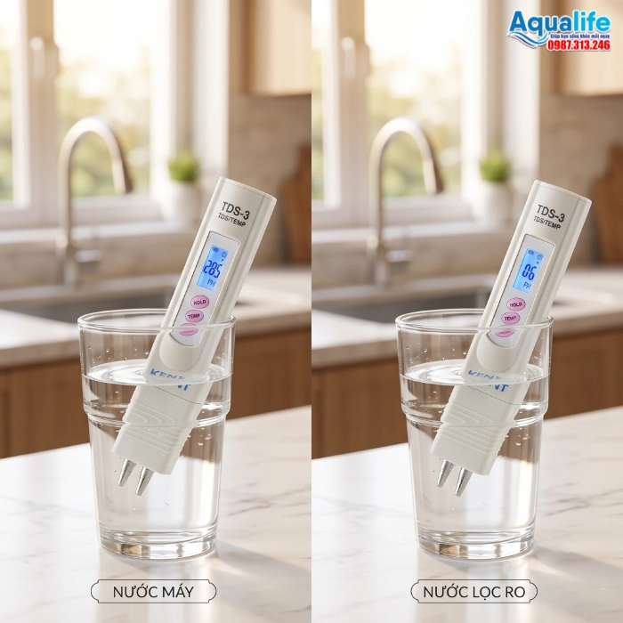 Hướng dẫn đo độ TDS Và pH nước đóng bình bằng thiết bị cầm tay 4 So sánh độ TDS nước máy và nước lọc RO tinh khiết bằng bút đo TDS cầm tay