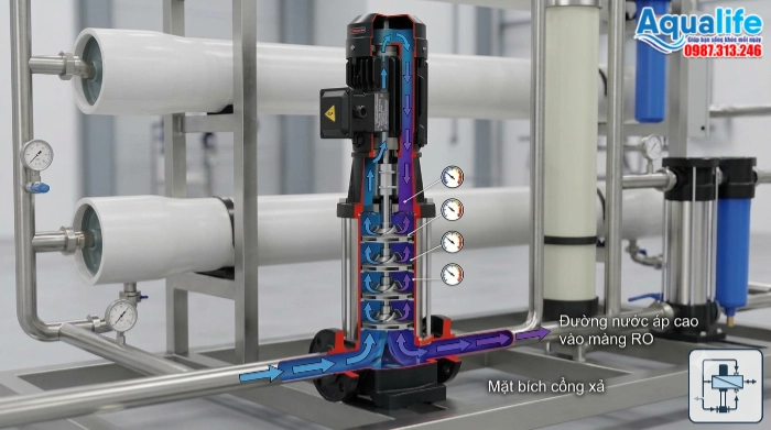 Sơ đồ mặt cắt cấu tạo buồng cánh inox đa tầng và đường nước áp cao bơm trục đứng RO