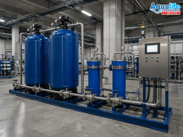 Hệ Thống Lọc Nước RO Công Nghiệp Cho Nhà Máy Dược Phẩm Chuẩn Dược Điển & GMP 3 Cụm làm mềm kép duplex softener và tiền xử lý bảo vệ màng RO dược phẩm