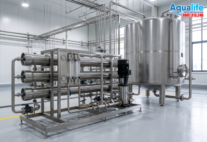Dàn RO công nghiệp 3 màng inox kết hợp bồn đệm Buffer Tank
