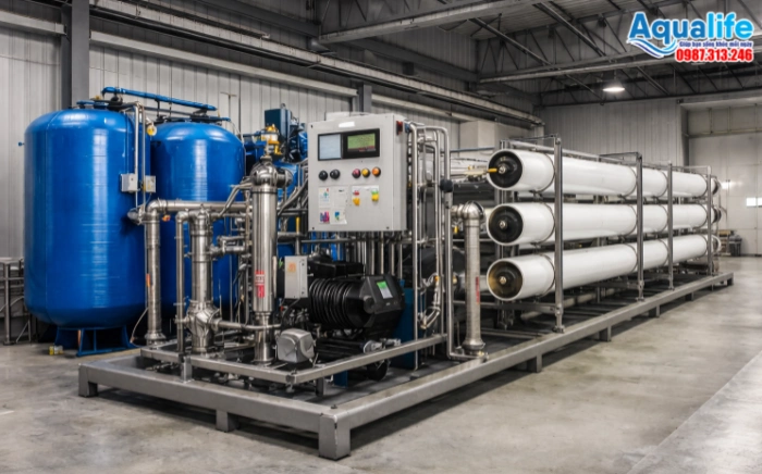 Dây chuyền lọc nước RO công nghiệp tích hợp bồn tiền xử lý và tủ điện PLC điều khiển