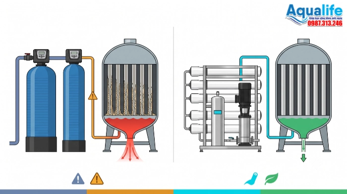 Sơ đồ so sánh hiệu quả khử cáu cặn silica và giảm xả đáy lò hơi giữa làm mềm Cation và hệ thống RO