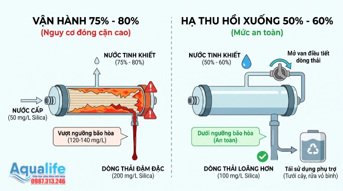 So sánh vận hành màng RO ở tỷ lệ thu hồi cao gây đóng cặn silica với tỷ lệ thu hồi an toàn 50% - 60%
