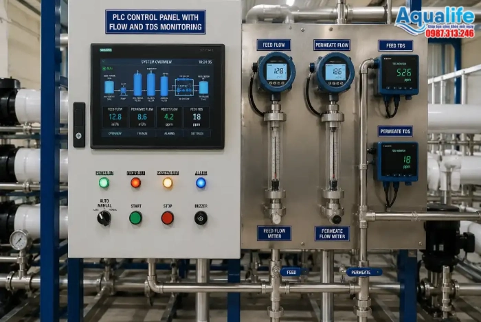 Hệ thống lọc nước tinh khiết RO công nghiệp tích hợp bảng điều khiển giám sát chủ động áp lực chênh áp và lưu lượng màng