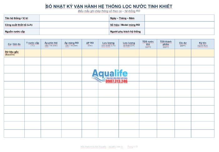 Mẫu sổ nhật ký vận hành hệ thống lọc nước tinh khiết chuẩn kỹ thuật phục vụ thẩm định GMP ISO và bảo trì dự đoán