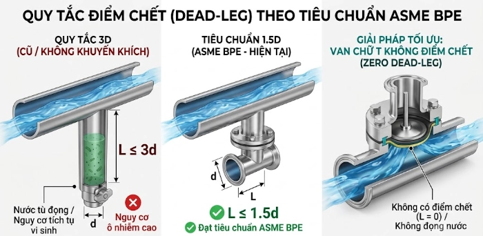 Sơ đồ minh họa quy tắc điểm chết Dead-leg 3D và 1.5D kết hợp van màng vi sinh chữ T Zero Dead Leg theo tiêu chuẩn ASME BPE