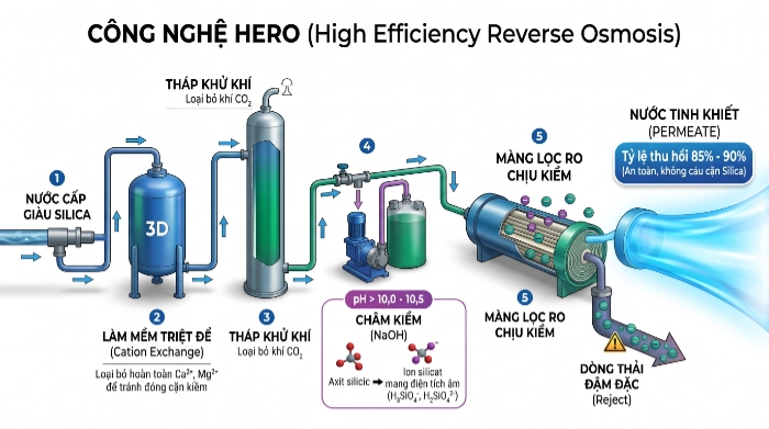 Sơ đồ nguyên lý quy trình công nghệ HERO làm mềm khử khí CO2 và châm kiềm nâng pH để loại bỏ silic hòa tan